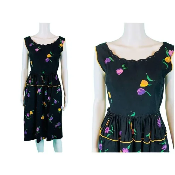 50s vintage チューリップのドレス Vintage 50s Tulip Print Dress Womens XXS Rhinestone Neckline